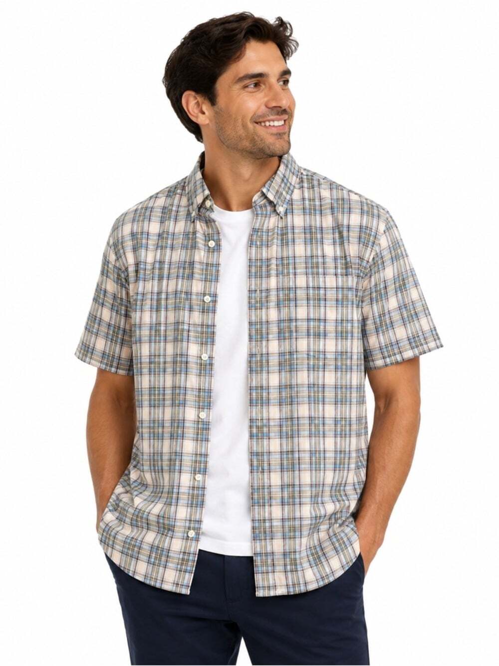 Eddie Bauer Men’s Blue 100% Cotton Plaid Short Sleeve Casual Button Down…